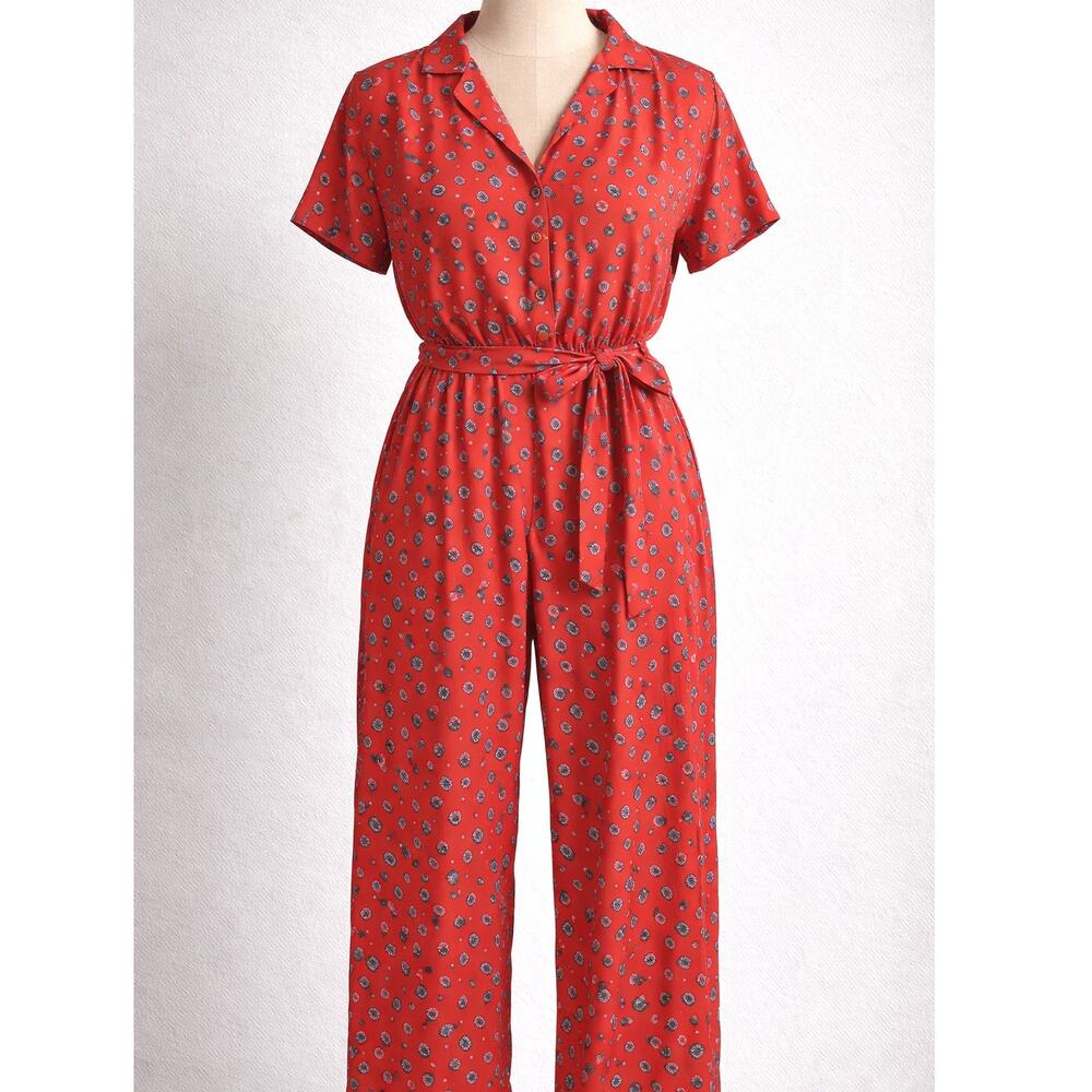 Urban Outfitters Coral Floral Jumpsuit Approx. XS Tie Waist Short Sleeve Boho
